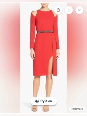 Halston Heritage Scarlet Cold Shoulder Belted Sheath Dress Long Sleeve Size 6